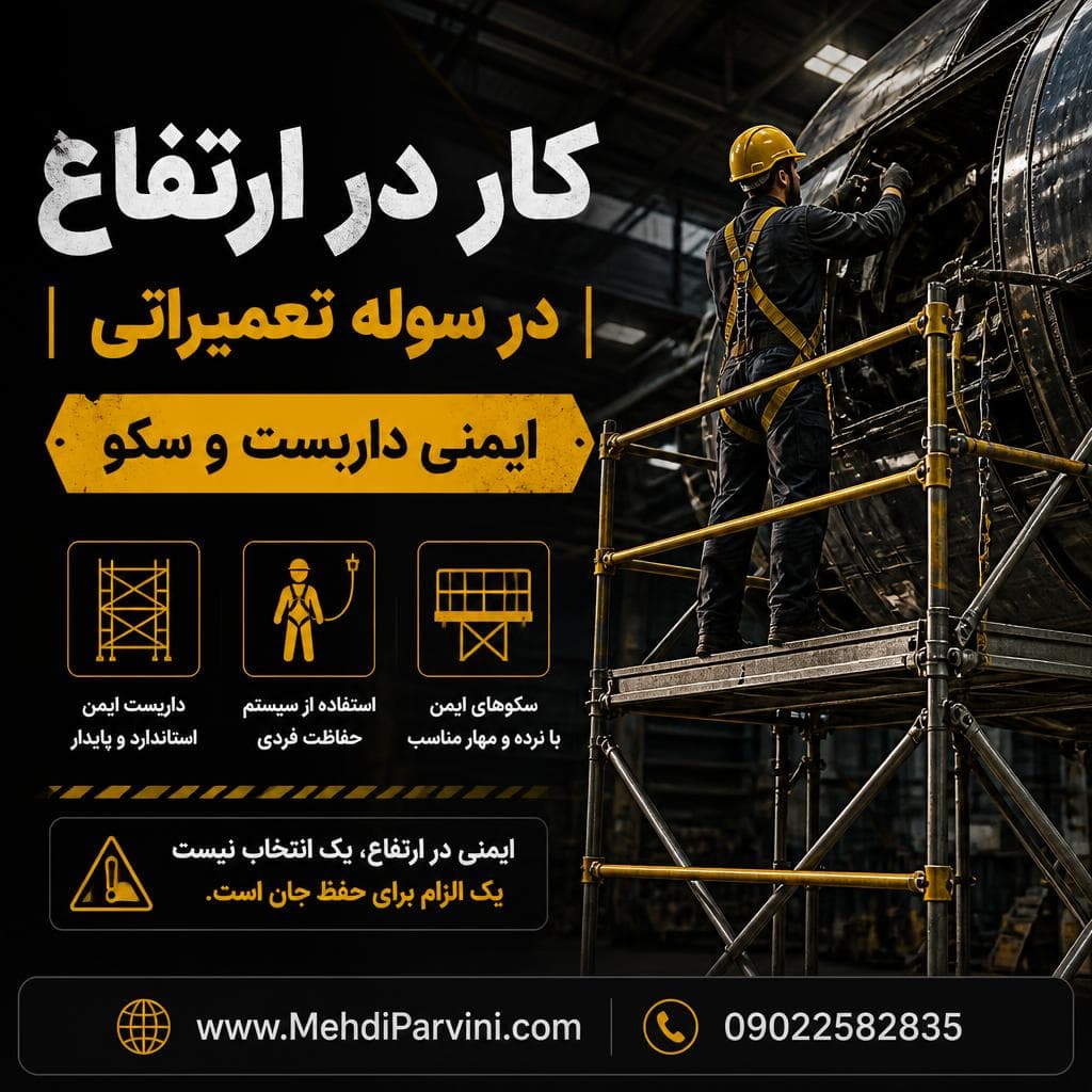 کار در ارتفاع در سوله تعمیراتی | ایمنی داربست و سکو